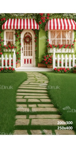 Tło fotograficzne z uroczym domkiem w ogrodzie i ścieżką z kamieni | 3765